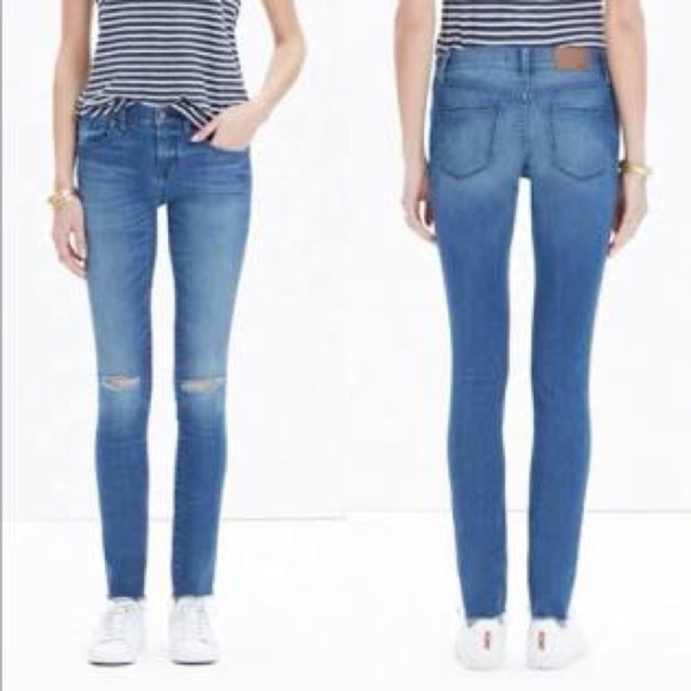 25 Madewell Skinny Skinny jeans denim blue destructed holes raw hems knees